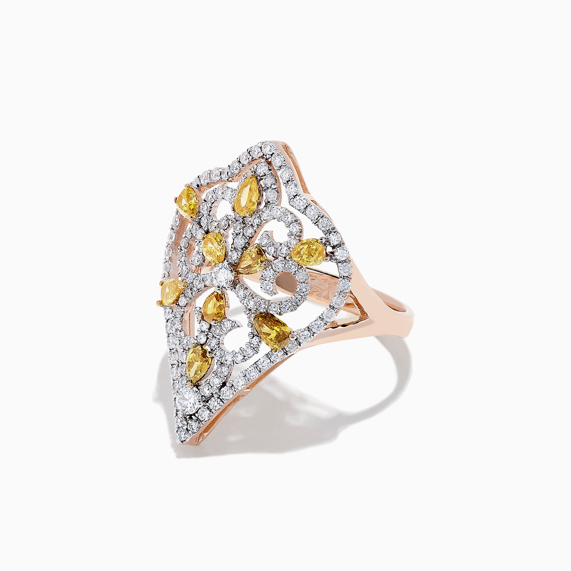 The 14K Rose Gold Yellow and White Diamond Filagree Ring, 1.55 TCW, showcases a large pointed design with yellow teardrop gemstones and white diamonds set in ornate patterns on a filigree band.