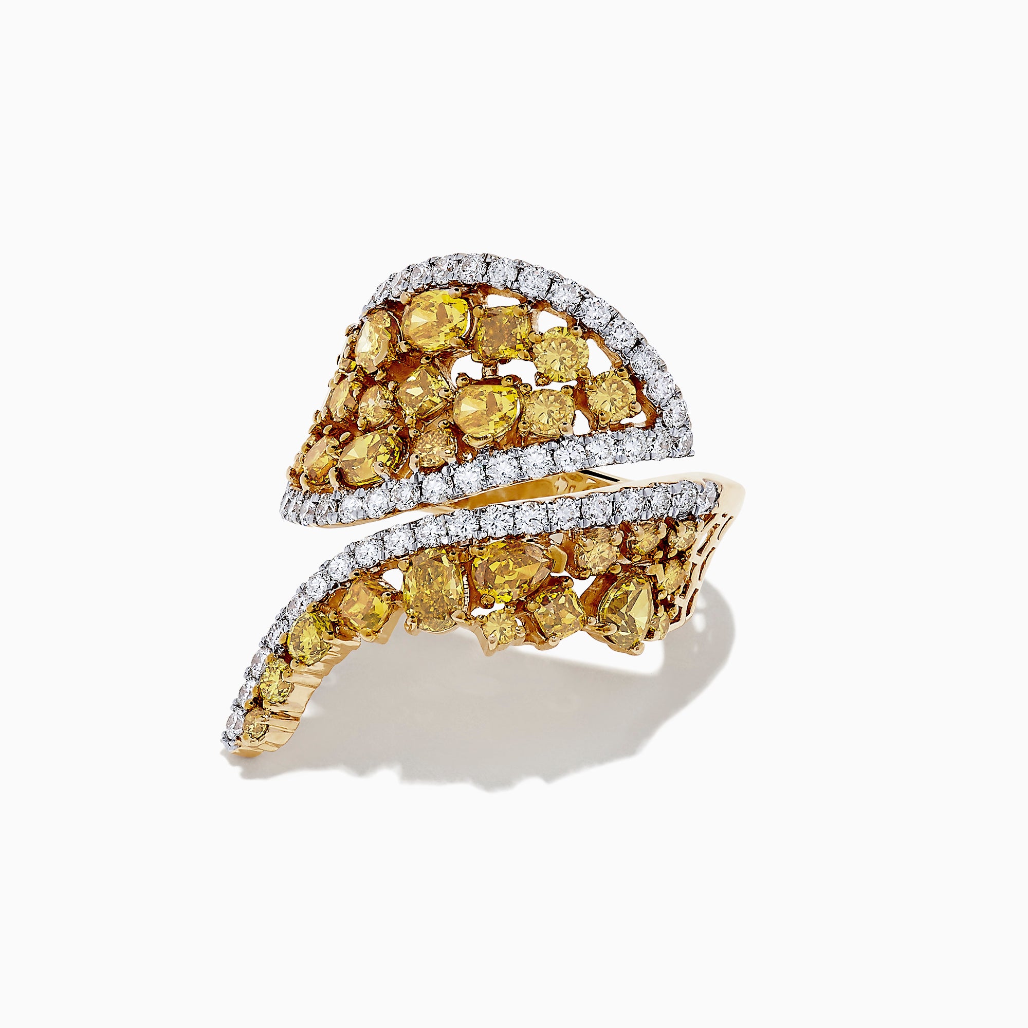 The 14K Yellow Gold Yellow and White Diamond Wrap Ring, 3.50 TCW, features abstract clusters of yellow and white diamonds separated by two curved rows of white diamonds for a modern touch.
