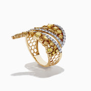 The 14K Yellow Gold Yellow and White Diamond Wrap Ring, 3.50 TCW, features abstract clusters of yellow and white diamonds separated by two curved rows of white diamonds for a modern touch.