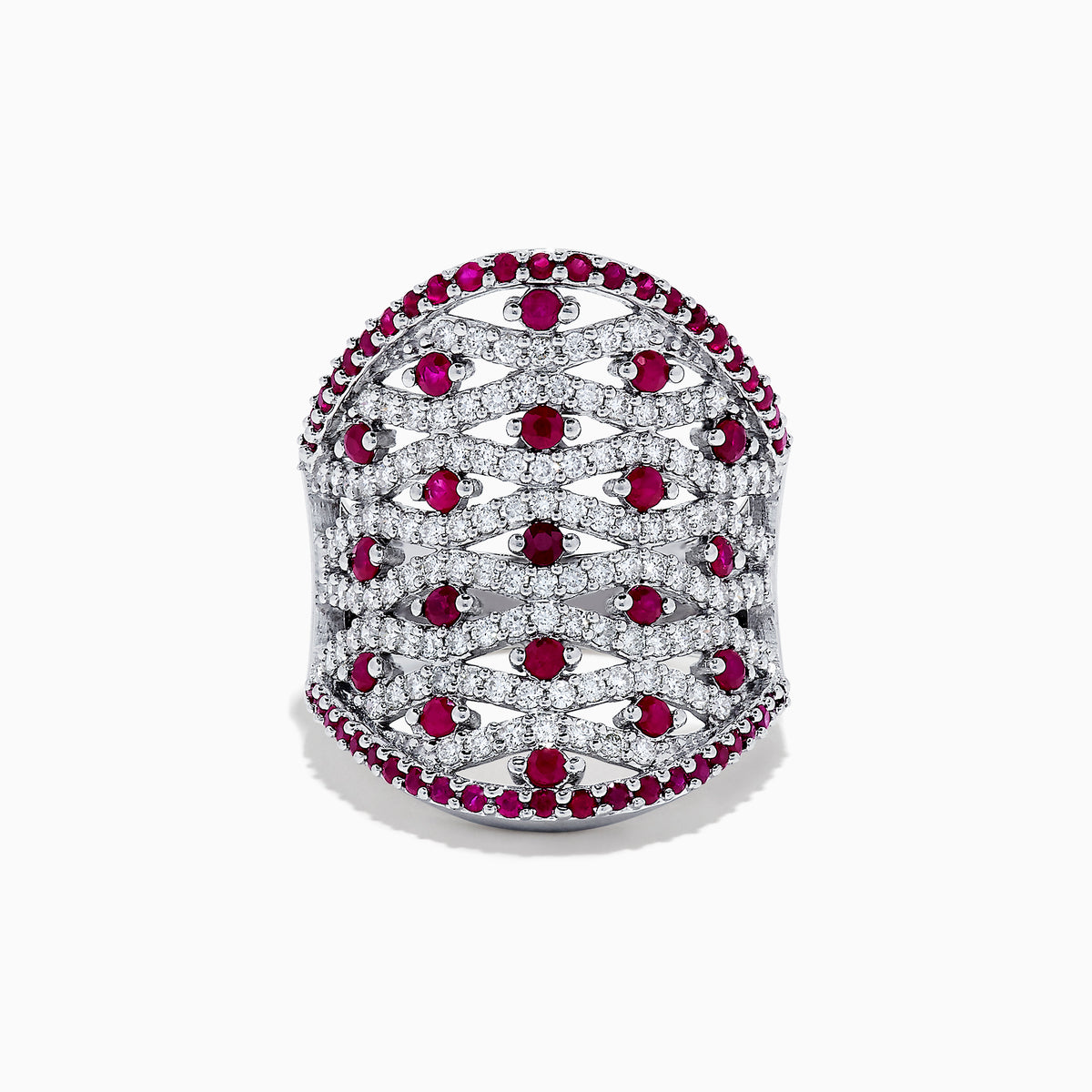 The 14K White Gold Ruby and Diamond Ring, 2.11 TCW, features rows of sparkling diamonds in a lattice pattern, accented with small round rubies along the edges and at the center of each diamond cluster.