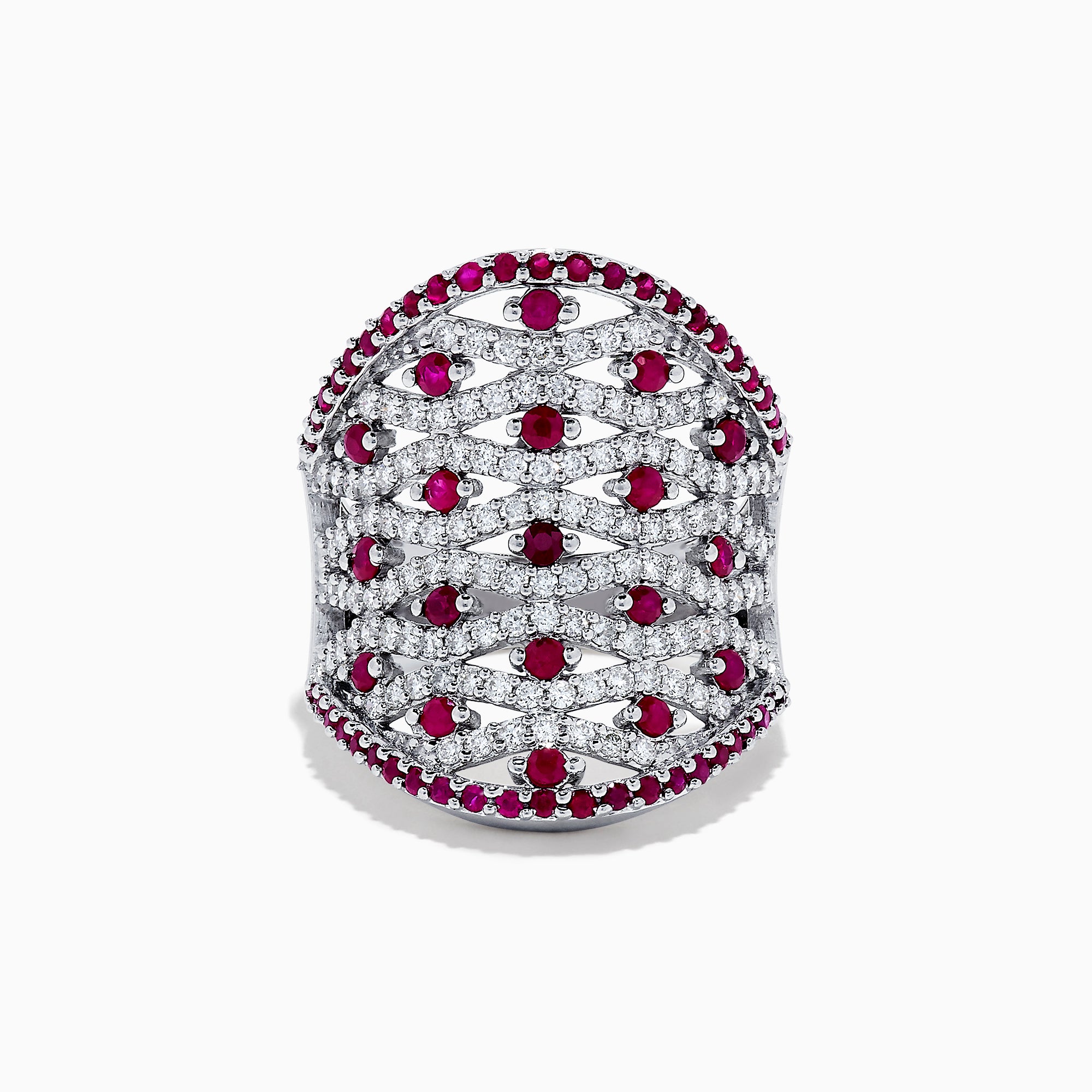 The 14K White Gold Ruby and Diamond Ring, 2.11 TCW, features rows of sparkling diamonds in a lattice pattern, accented with small round rubies along the edges and at the center of each diamond cluster.