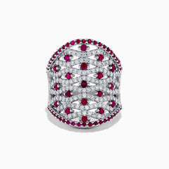 The 14K White Gold Ruby and Diamond Ring, 2.11 TCW, features rows of sparkling diamonds in a lattice pattern, accented with small round rubies along the edges and at the center of each diamond cluster.