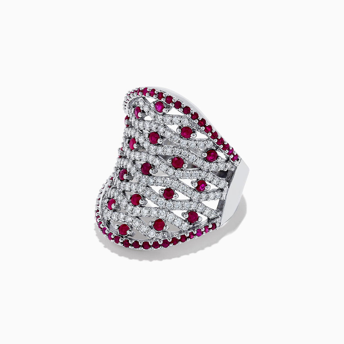 The 14K White Gold Ruby and Diamond Ring, 2.11 TCW, features rows of sparkling diamonds in a lattice pattern, accented with small round rubies along the edges and at the center of each diamond cluster.
