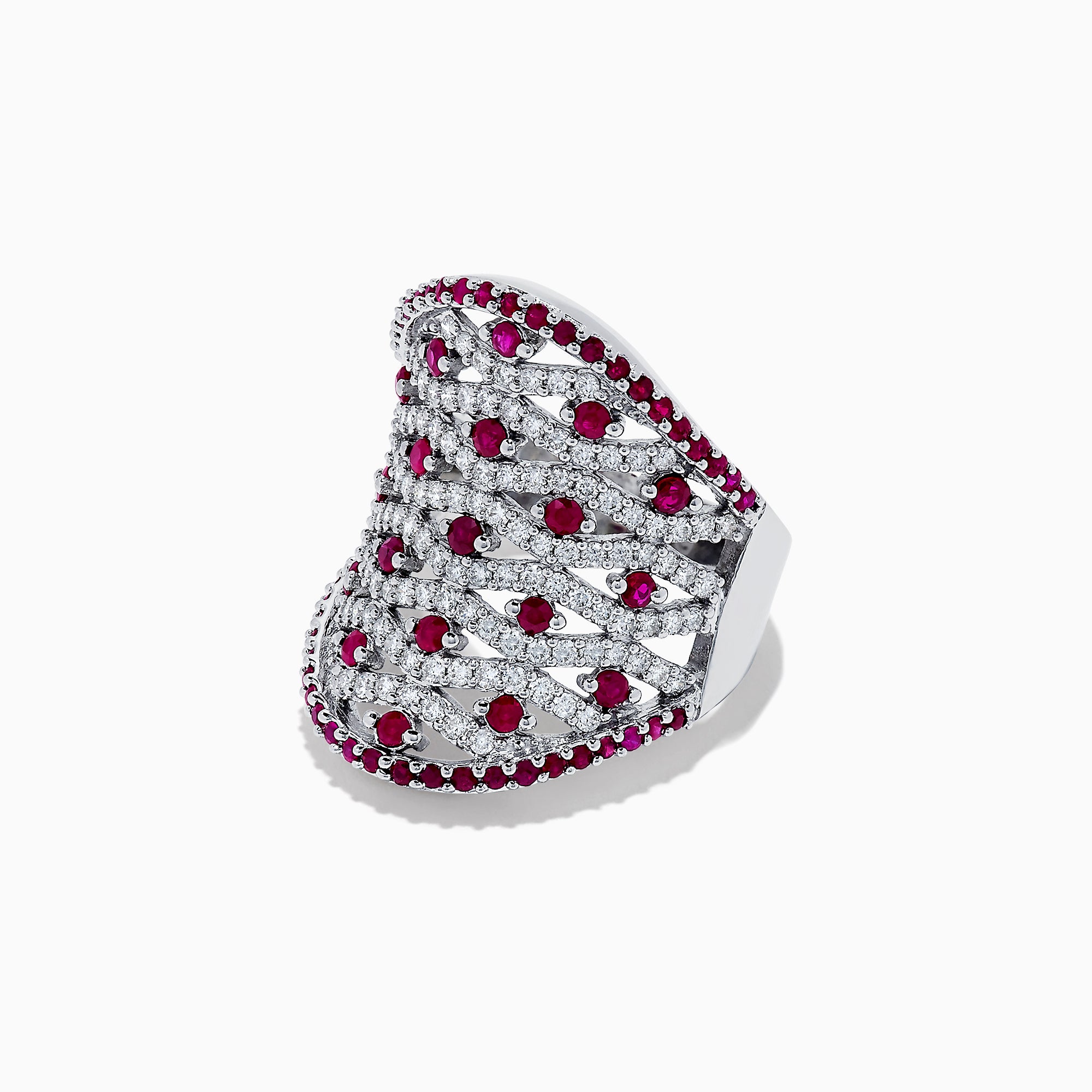 The 14K White Gold Ruby and Diamond Ring, 2.11 TCW, features rows of sparkling diamonds in a lattice pattern, accented with small round rubies along the edges and at the center of each diamond cluster.
