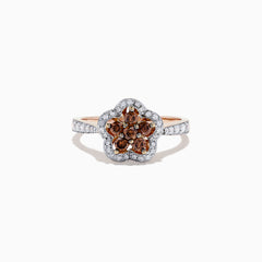 The 14K Rose Gold Espresso and White Diamond Flower Ring features a flower-shaped cluster of brown stones, a white diamond halo, and additional accents along the band. Total carat weight: 0.55 TCW.