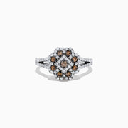 The 14K White Gold Espresso and White Diamond Flower Ring, 0.70 TCW, features a split shank with a central cluster of brown stones surrounded by two rows of white diamonds, creating an elegant geometric floral design.
