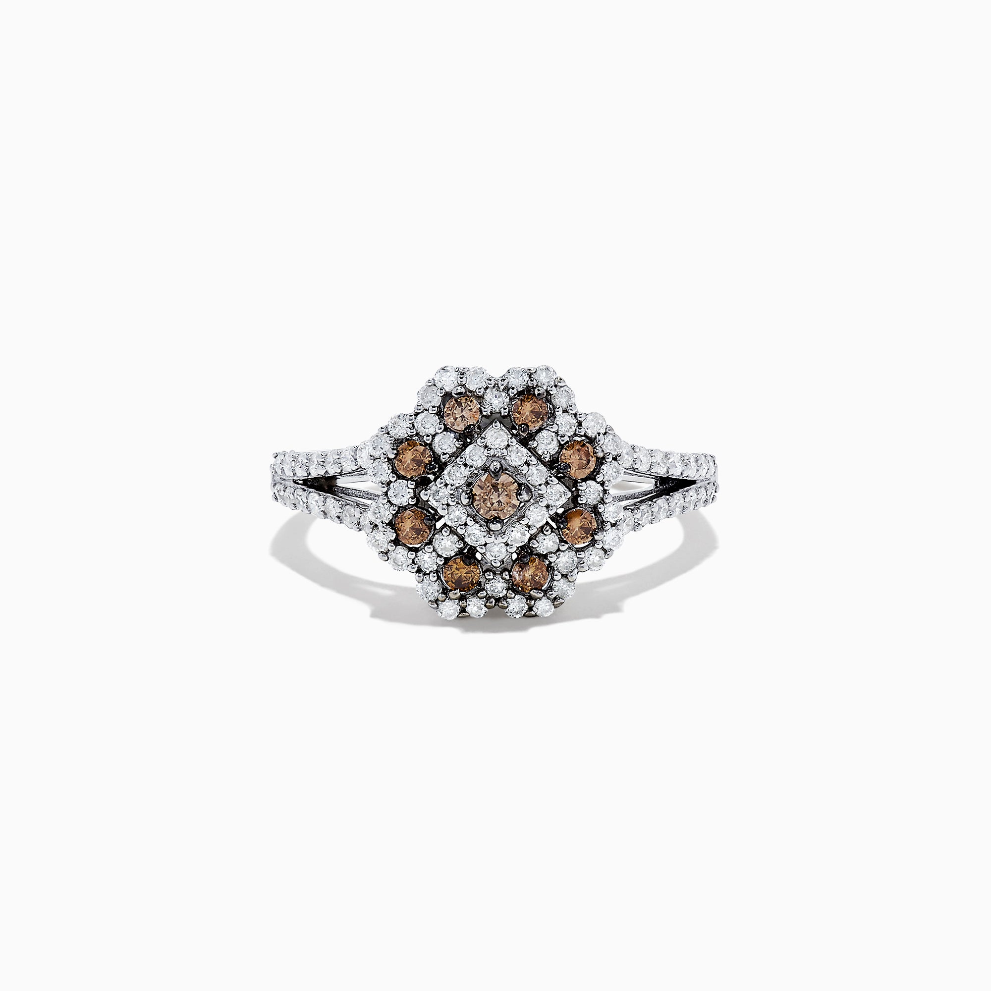 The 14K White Gold Espresso and White Diamond Flower Ring, 0.70 TCW, features a split shank with a central cluster of brown stones surrounded by two rows of white diamonds, creating an elegant geometric floral design.
