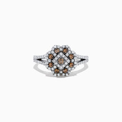 The 14K White Gold Espresso and White Diamond Flower Ring, 0.70 TCW, features a split shank with a central cluster of brown stones surrounded by two rows of white diamonds, creating an elegant geometric floral design.