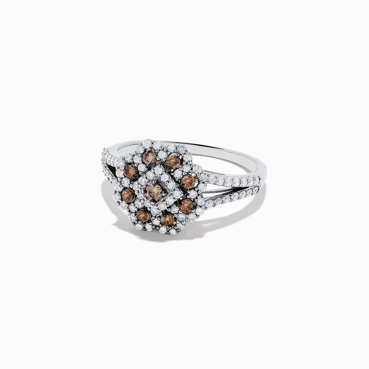 The 14K White Gold Espresso and White Diamond Flower Ring, 0.70 TCW, features a split shank with a central cluster of brown stones surrounded by two rows of white diamonds, creating an elegant geometric floral design.