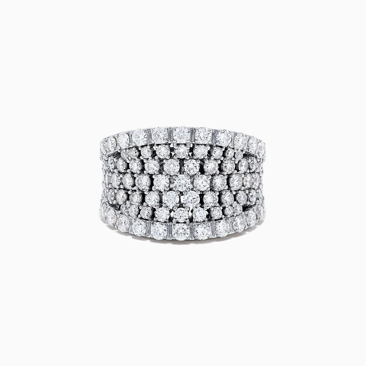 The 14K White Gold Diamond Wide Band Ring, 3.00 TCW, showcases multiple rows of round sparkling diamonds in a wide band design, set in lustrous white gold and displayed against a plain white background.
