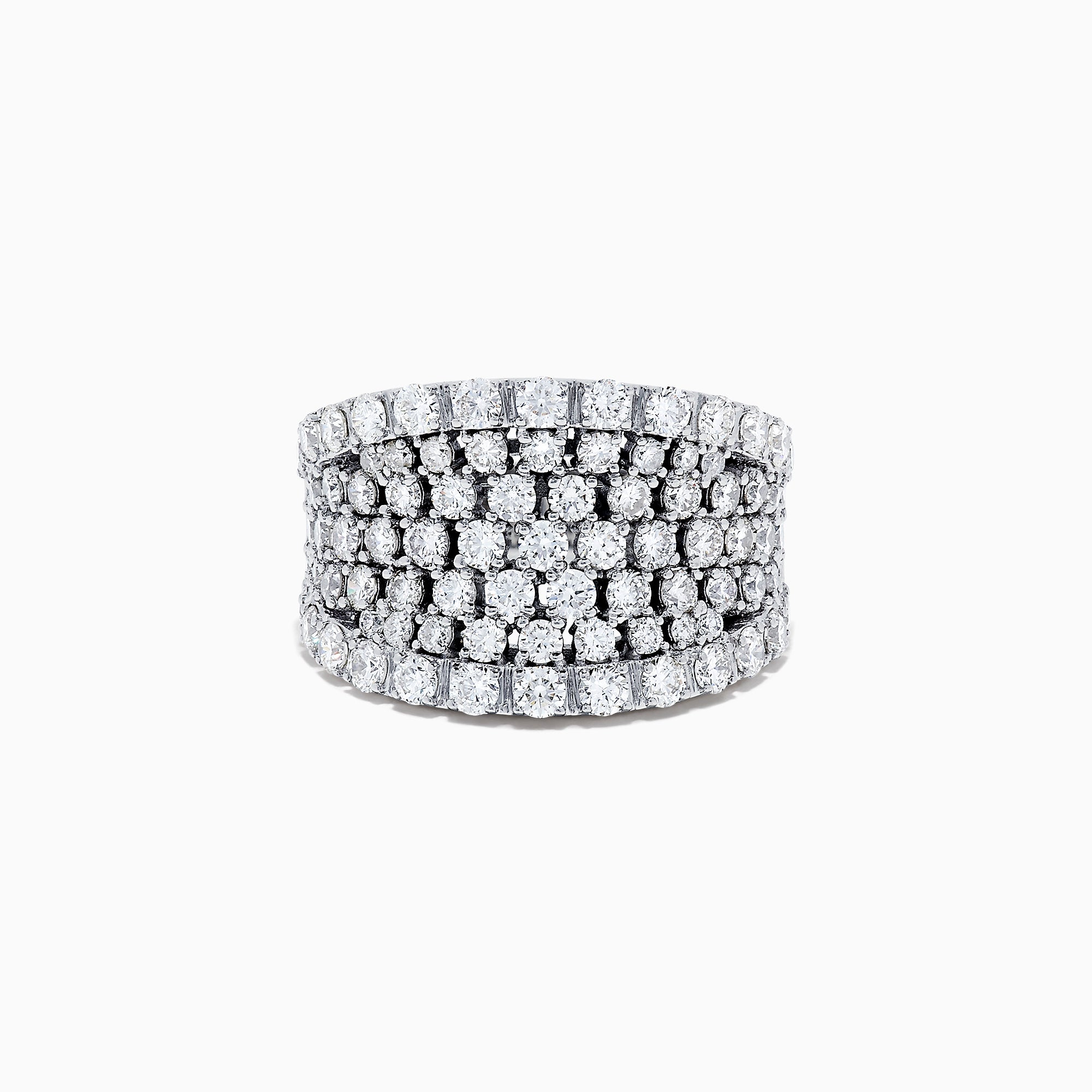 The 14K White Gold Diamond Wide Band Ring, 3.00 TCW, showcases multiple rows of round sparkling diamonds in a wide band design, set in lustrous white gold and displayed against a plain white background.