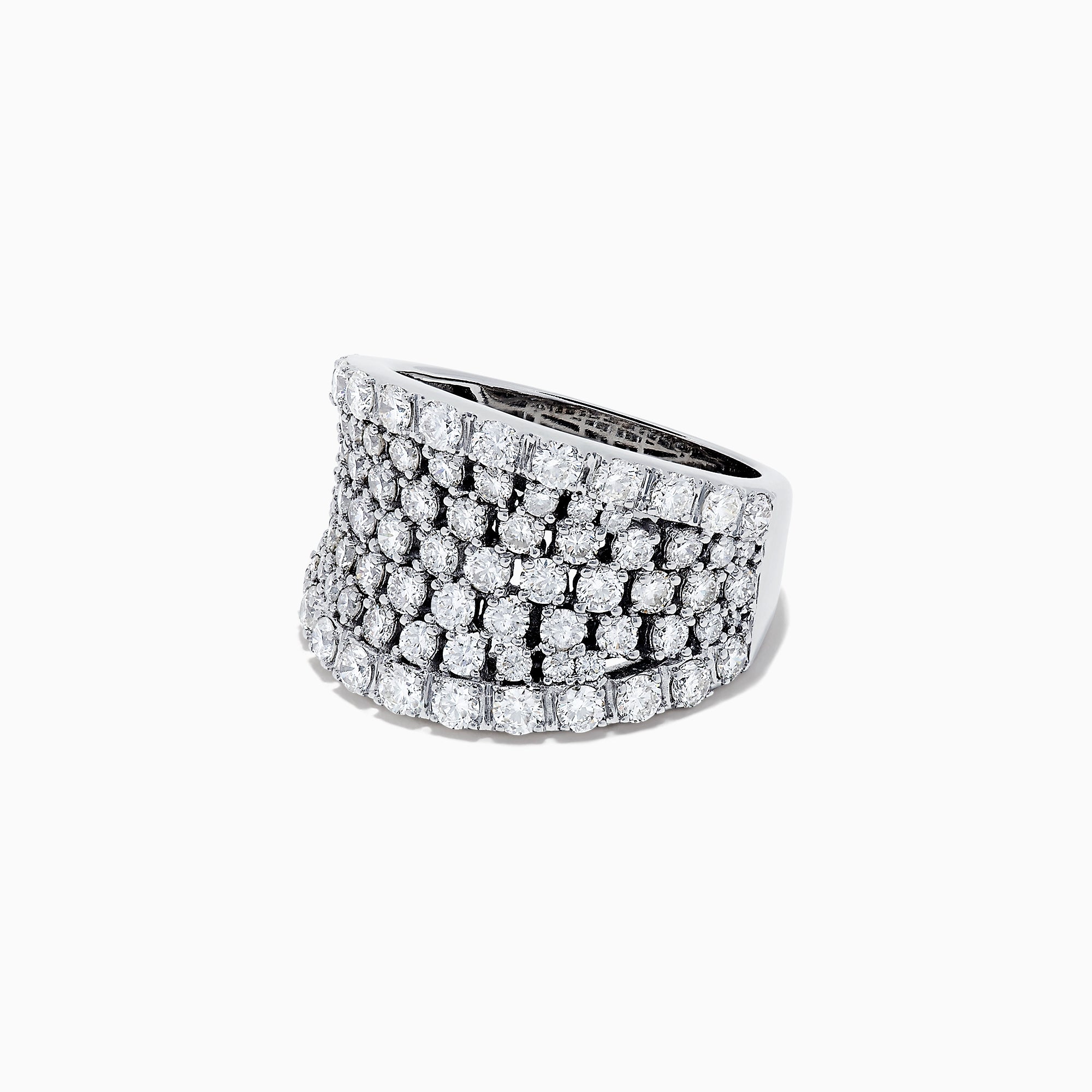 The 14K White Gold Diamond Wide Band Ring, 3.00 TCW, showcases multiple rows of round sparkling diamonds in a wide band design, set in lustrous white gold and displayed against a plain white background.