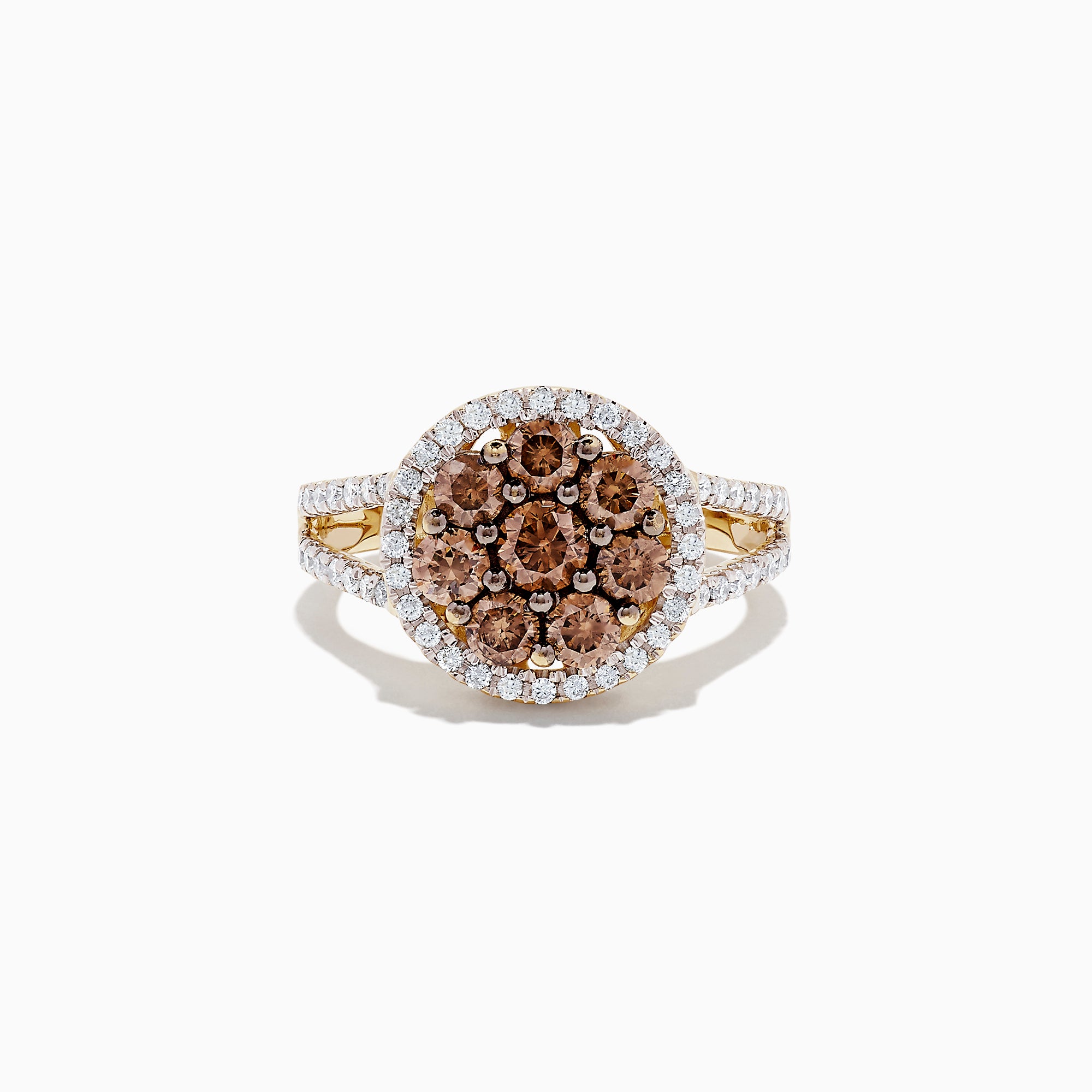 The 14K Yellow Gold Espresso and White Diamond Ring features a round cluster of brown diamonds, haloed by white diamonds with more along the split shank. Totaling 1.45 TCW, this elegant ring highlights each white diamond’s brilliance.
