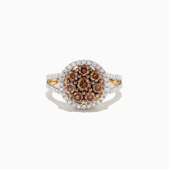 The 14K Yellow Gold Espresso and White Diamond Ring features a round cluster of brown diamonds, haloed by white diamonds with more along the split shank. Totaling 1.45 TCW, this elegant ring highlights each white diamond’s brilliance.