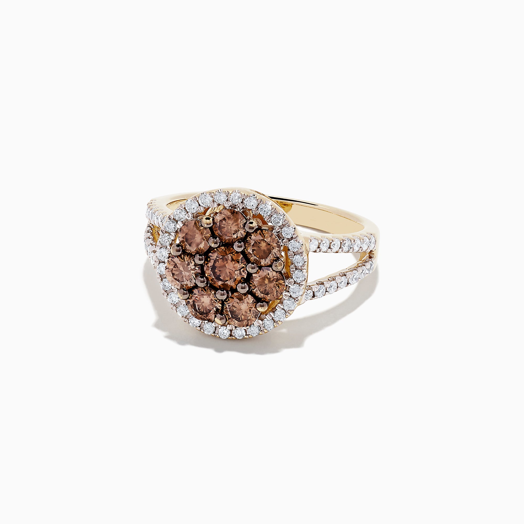 The 14K Yellow Gold Espresso and White Diamond Ring features a round cluster of brown diamonds, haloed by white diamonds with more along the split shank. Totaling 1.45 TCW, this elegant ring highlights each white diamond’s brilliance.