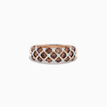 The 14K Rose Gold Espresso and White Diamond Ring, 0.55 TCW, features a lattice design with alternating rows of round espresso and white diamonds in a striking crisscross pattern.