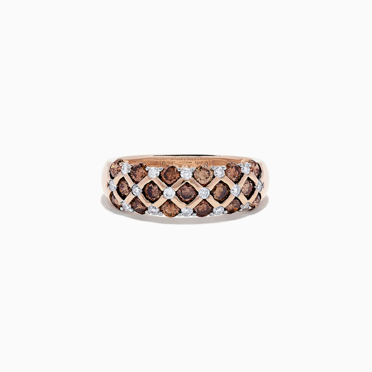 The 14K Rose Gold Espresso and White Diamond Ring, 0.55 TCW, features a lattice design with alternating rows of round espresso and white diamonds in a striking crisscross pattern.