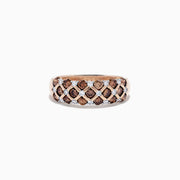 The 14K Rose Gold Espresso and White Diamond Ring, 0.55 TCW, features a lattice design with alternating rows of round espresso and white diamonds in a striking crisscross pattern.