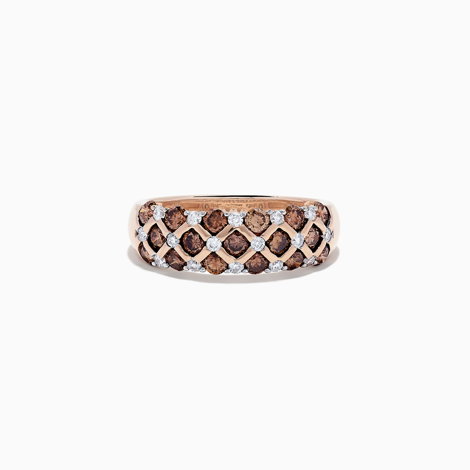 The 14K Rose Gold Espresso and White Diamond Ring, 0.55 TCW, features a lattice design with alternating rows of round espresso and white diamonds in a striking crisscross pattern.