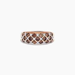 The 14K Rose Gold Espresso and White Diamond Ring, 0.55 TCW, features a lattice design with alternating rows of round espresso and white diamonds in a striking crisscross pattern.