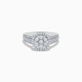 The 14K White Gold Diamond Cluster Ring, 0.95 TCW, features a round center cluster, double diamond halos, and a triple-row band for exceptional brilliance.