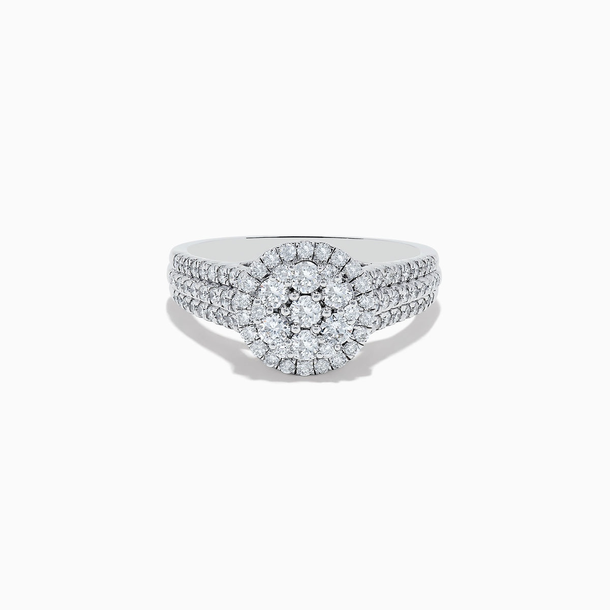 The 14K White Gold Diamond Cluster Ring, 0.95 TCW, features a round center cluster, double diamond halos, and a triple-row band for exceptional brilliance.