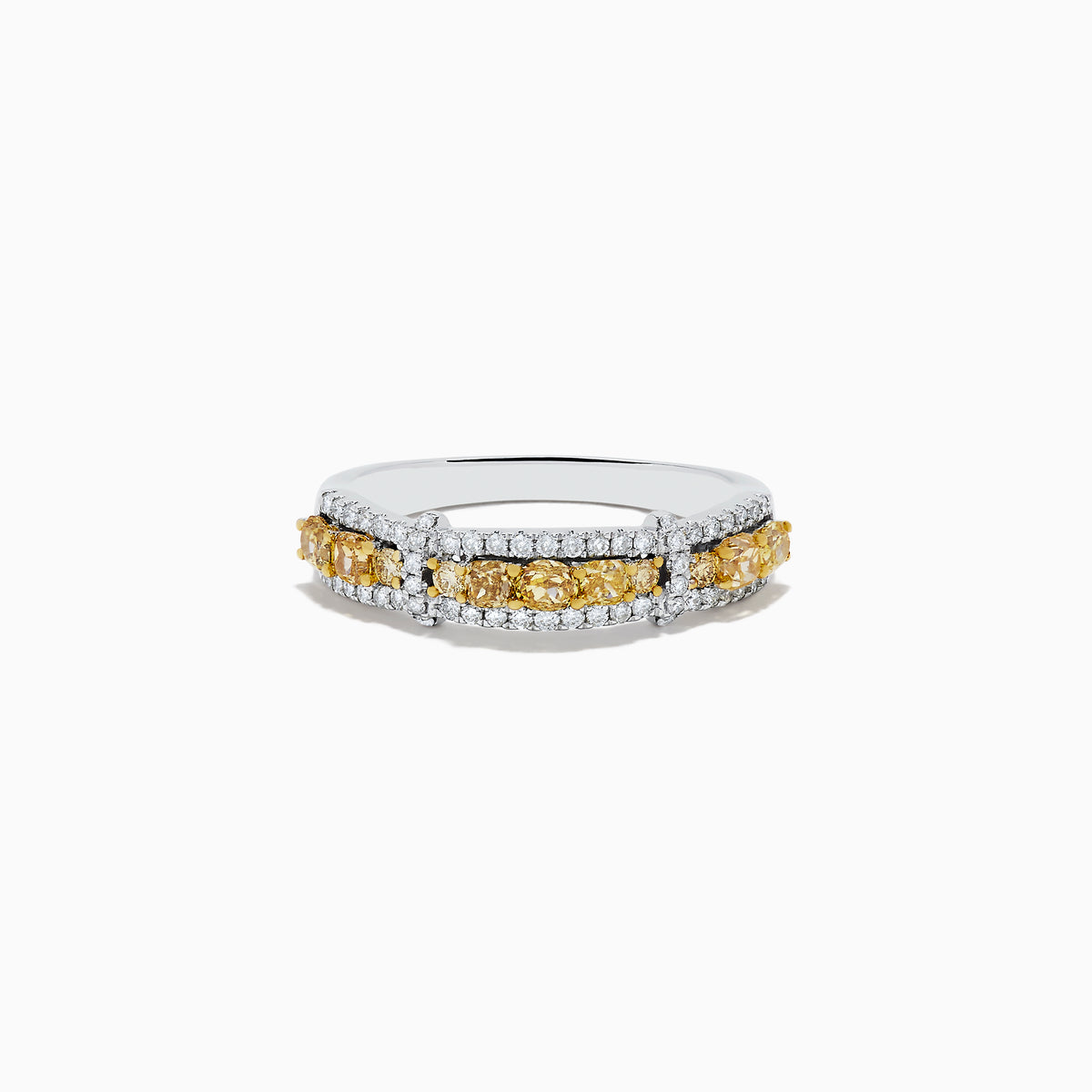 The 14K White Gold Fancy Yellow and White Diamond Ring, 1.00 TCW, features two rows of white diamonds framing a central row of yellow diamonds in a rectangular setting for a striking look.