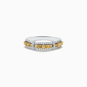 The 14K White Gold Fancy Yellow and White Diamond Ring, 1.00 TCW, features two rows of white diamonds framing a central row of yellow diamonds in a rectangular setting for a striking look.