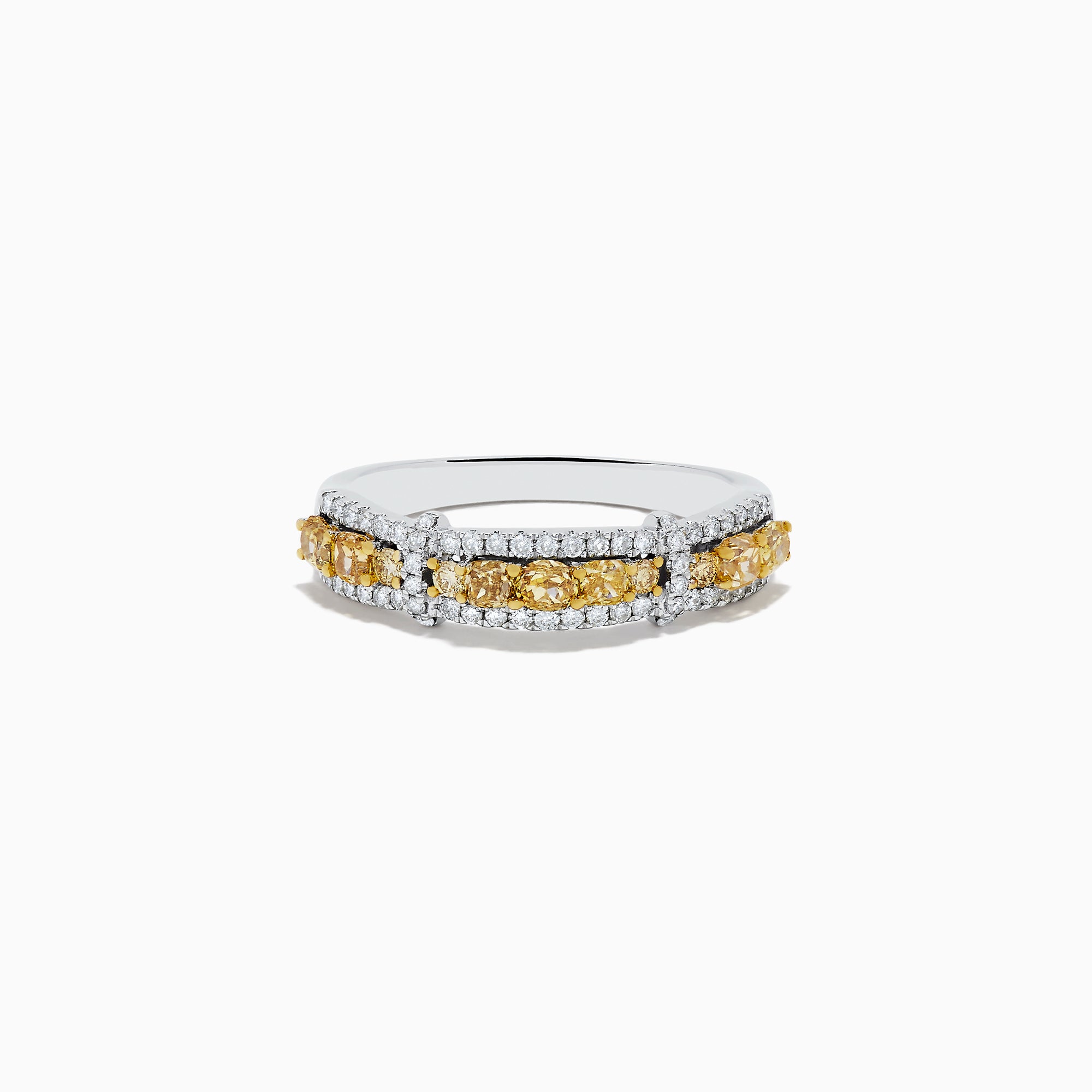 The 14K White Gold Fancy Yellow and White Diamond Ring, 1.00 TCW, features two rows of white diamonds framing a central row of yellow diamonds in a rectangular setting for a striking look.