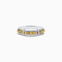 The 14K White Gold Fancy Yellow and White Diamond Ring, 1.00 TCW, features two rows of white diamonds framing a central row of yellow diamonds in a rectangular setting for a striking look.