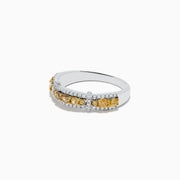 The 14K White Gold Fancy Yellow and White Diamond Ring, 1.00 TCW, features two rows of white diamonds framing a central row of yellow diamonds in a rectangular setting for a striking look.