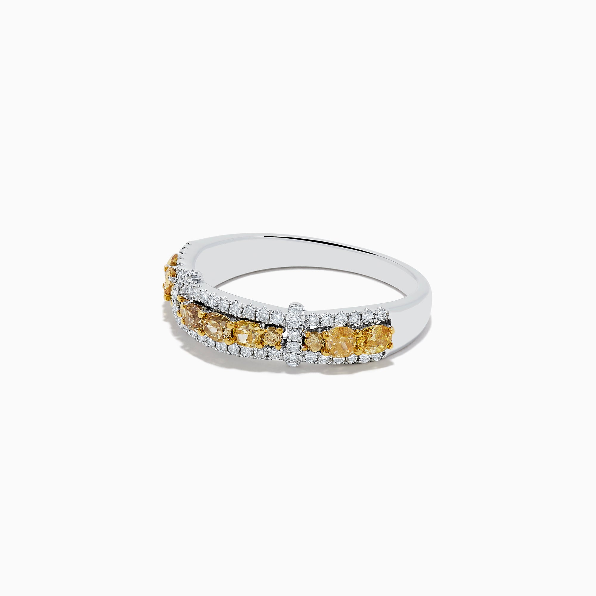 The 14K White Gold Fancy Yellow and White Diamond Ring, 1.00 TCW, features two rows of white diamonds framing a central row of yellow diamonds in a rectangular setting for a striking look.