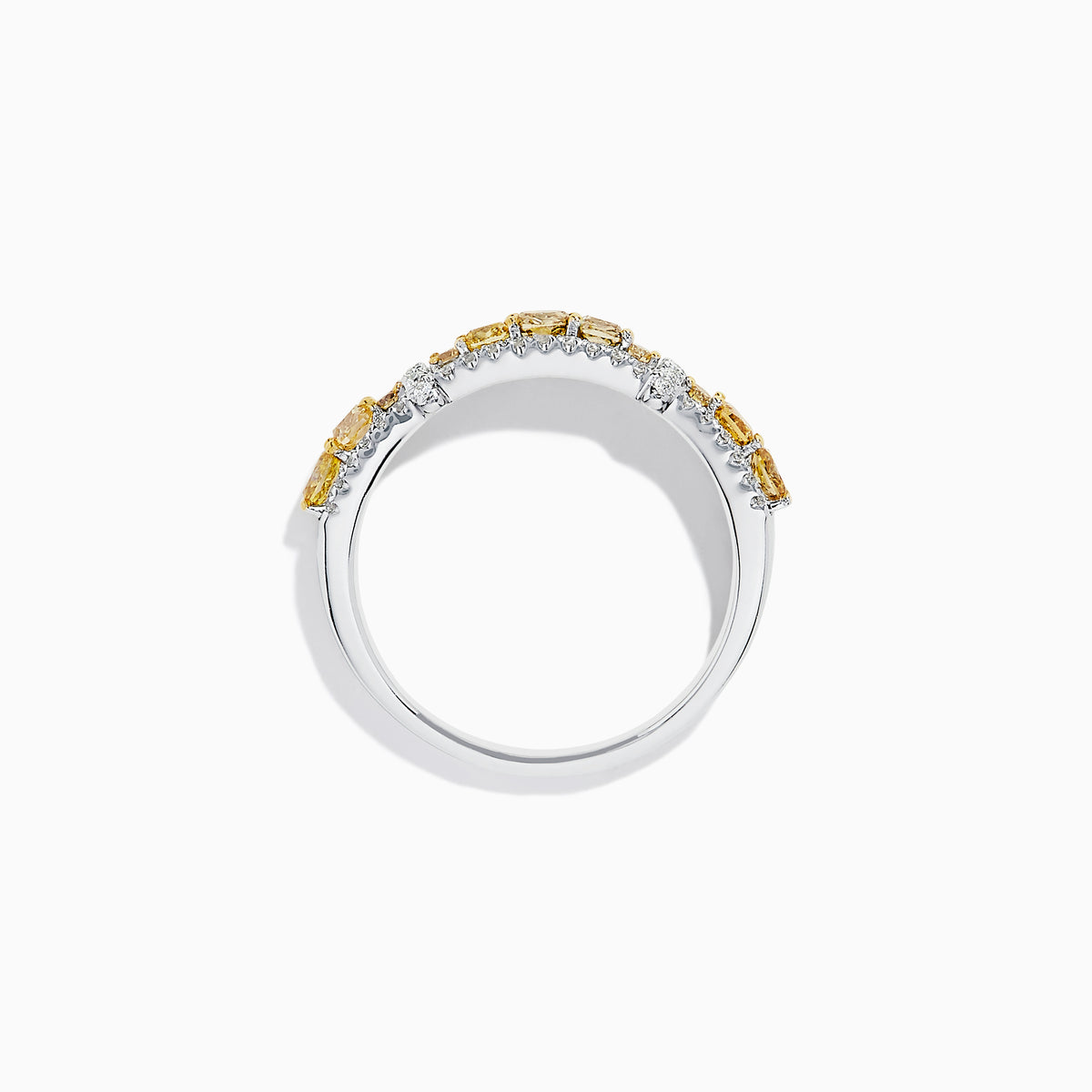 The 14K White Gold Fancy Yellow and White Diamond Ring, 1.00 TCW, features two rows of white diamonds framing a central row of yellow diamonds in a rectangular setting for a striking look.