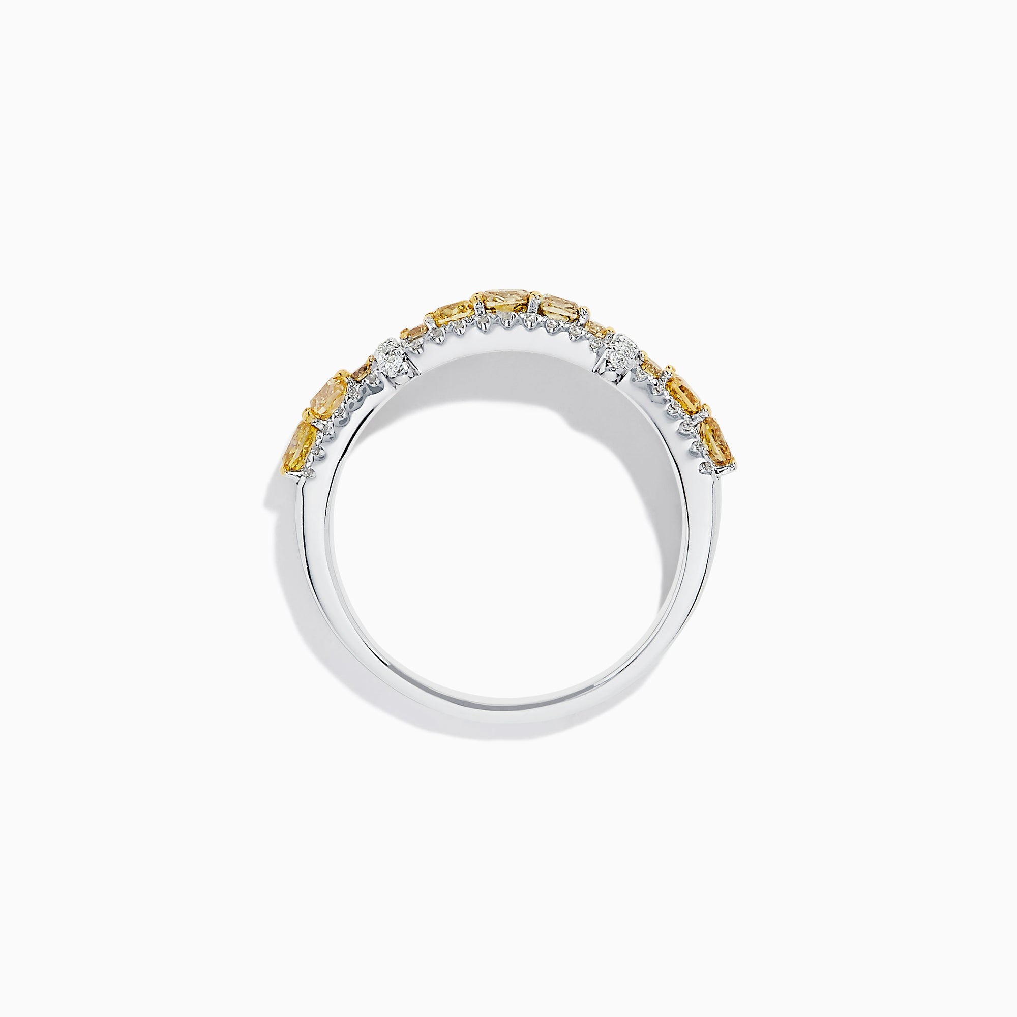 The 14K White Gold Fancy Yellow and White Diamond Ring, 1.00 TCW, features two rows of white diamonds framing a central row of yellow diamonds in a rectangular setting for a striking look.