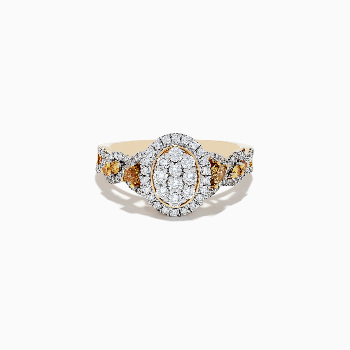 A 14K Yellow Gold ring showcasing white and fancy yellow diamonds in an oval cluster design, with a total carat weight of 1.00 TCW.