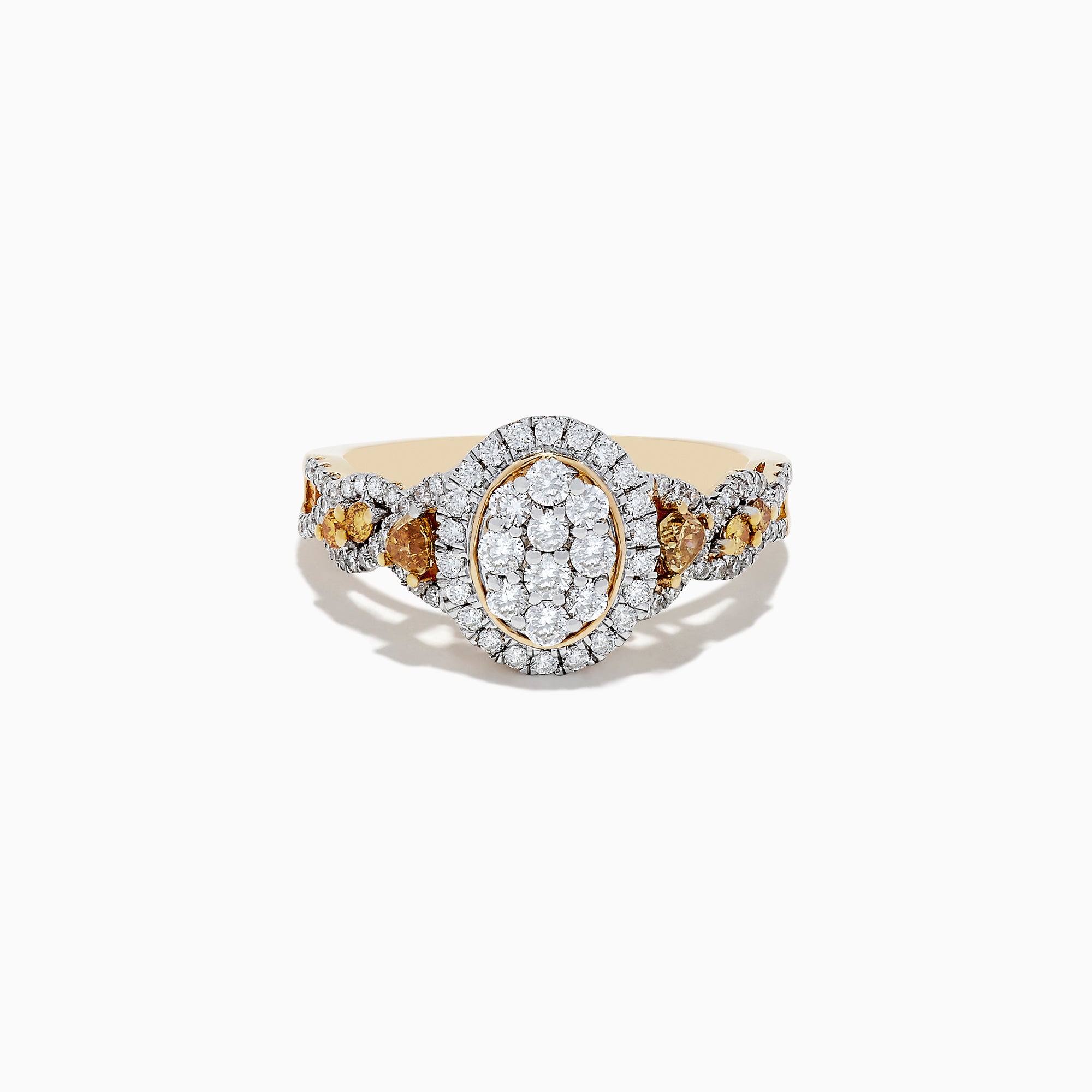 A 14K Yellow Gold ring showcasing white and fancy yellow diamonds in an oval cluster design, with a total carat weight of 1.00 TCW.