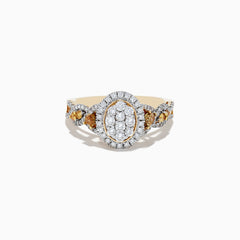 A 14K Yellow Gold ring showcasing white and fancy yellow diamonds in an oval cluster design, with a total carat weight of 1.00 TCW.