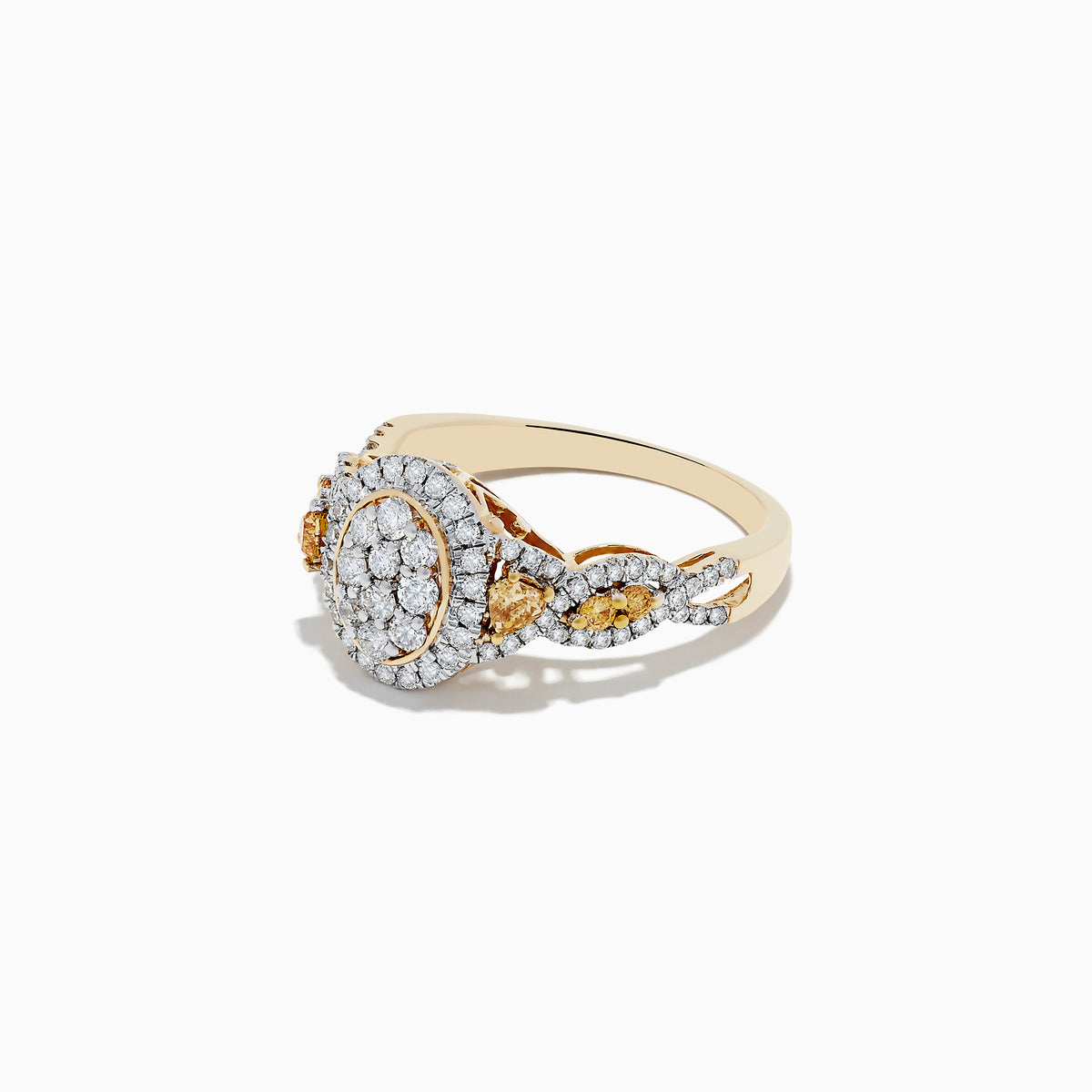 A 14K Yellow Gold ring showcasing white and fancy yellow diamonds in an oval cluster design, with a total carat weight of 1.00 TCW.