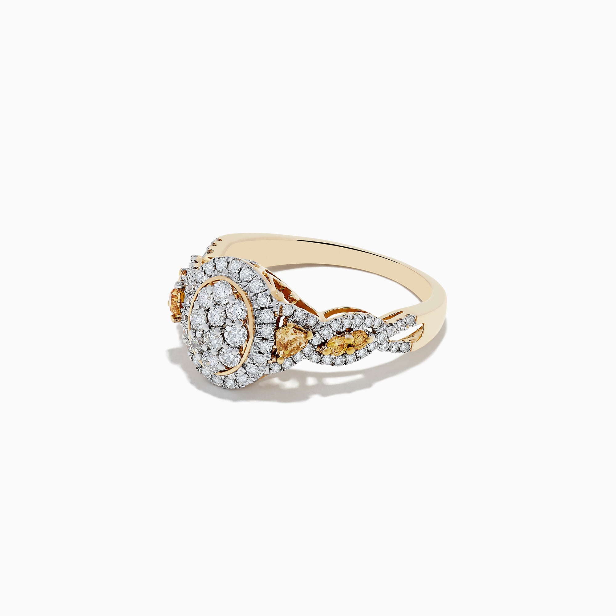 A 14K Yellow Gold ring showcasing white and fancy yellow diamonds in an oval cluster design, with a total carat weight of 1.00 TCW.