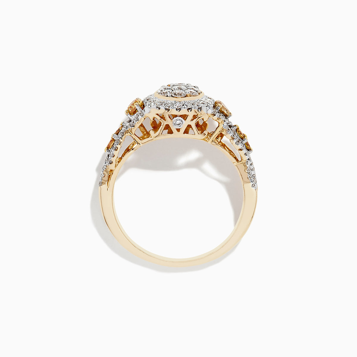 A 14K Yellow Gold ring showcasing white and fancy yellow diamonds in an oval cluster design, with a total carat weight of 1.00 TCW.