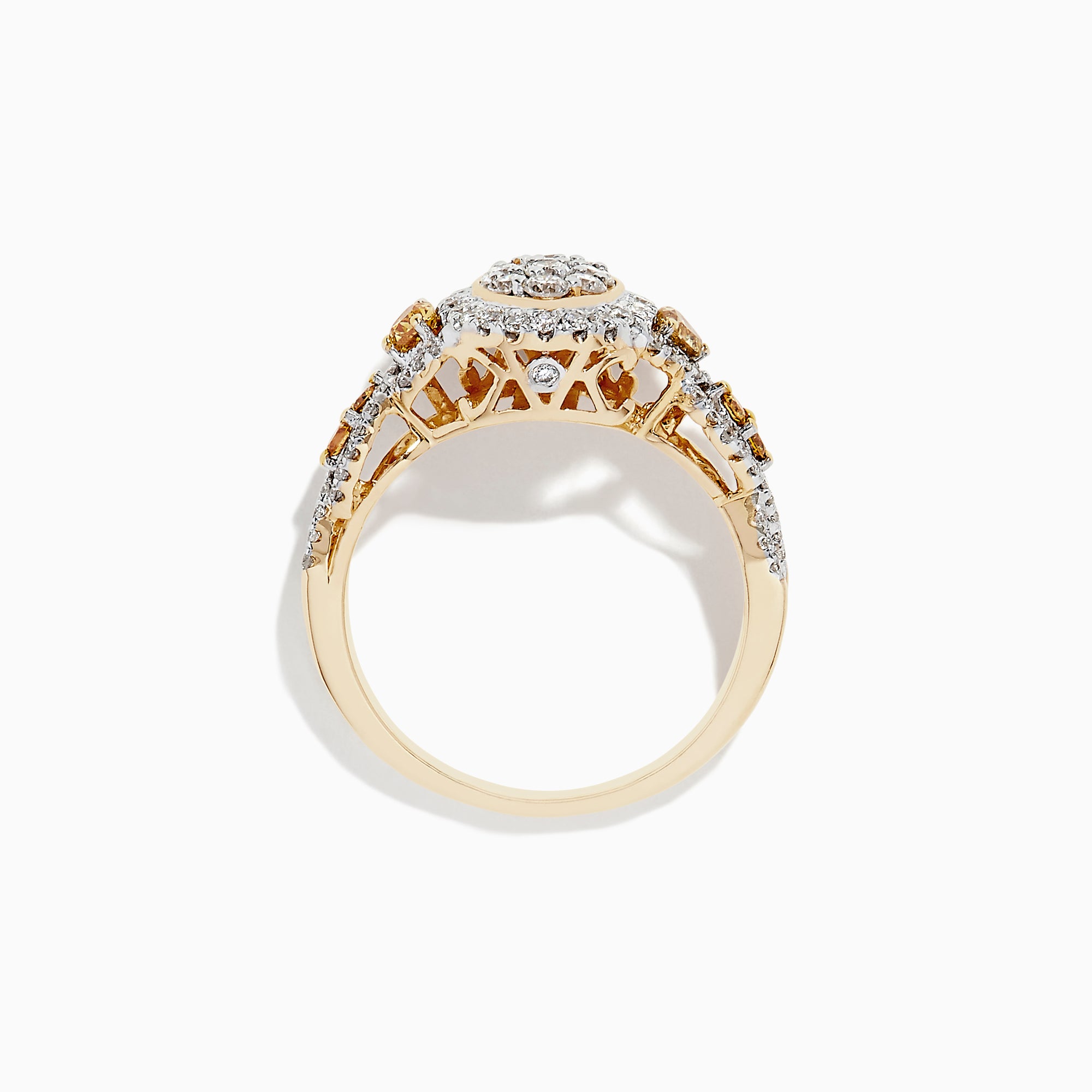A 14K Yellow Gold ring showcasing white and fancy yellow diamonds in an oval cluster design, with a total carat weight of 1.00 TCW.