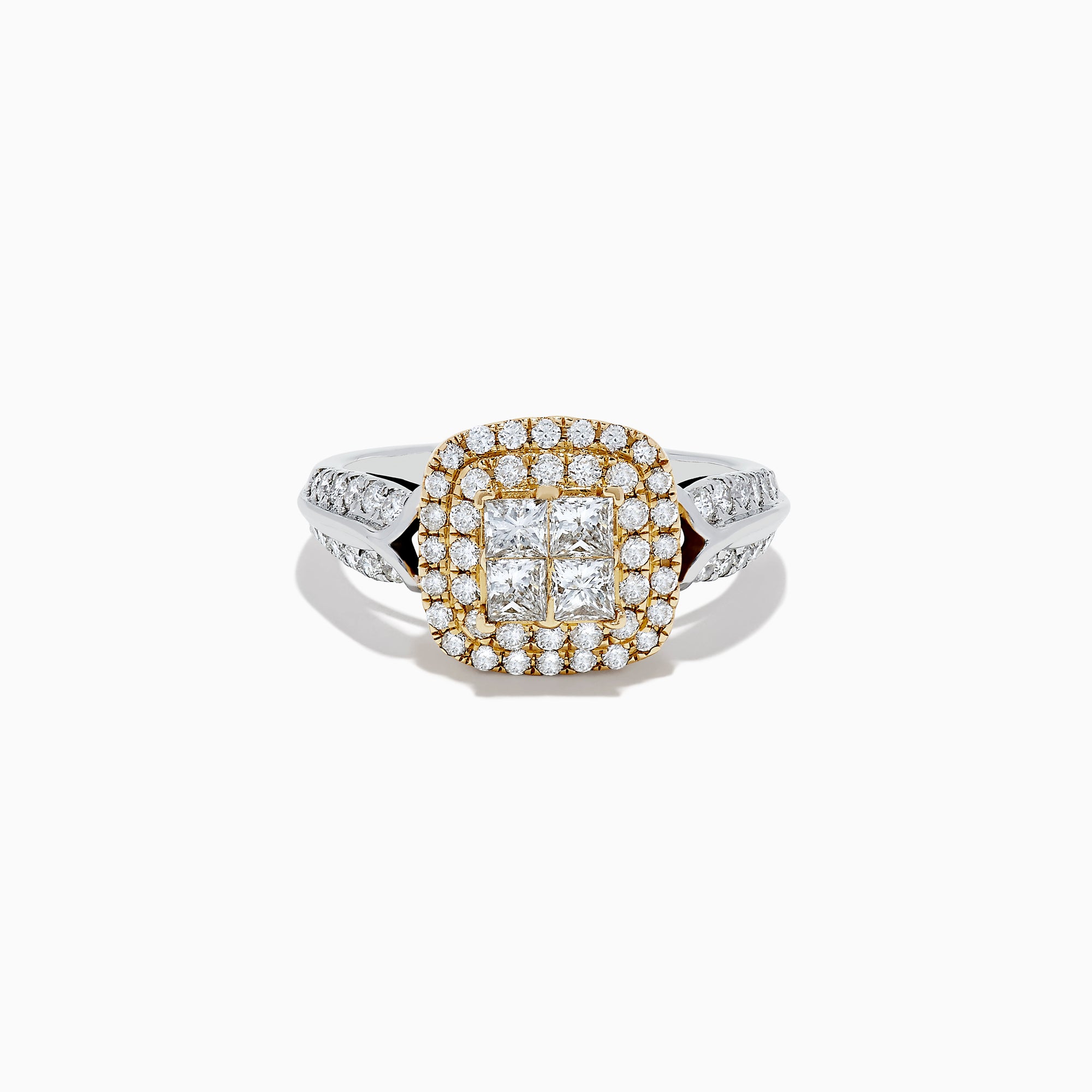 The 14K White and Yellow Gold Diamond Ring, 1.25 TCW, showcases a rectangular diamond cluster framed by gold-accented stones and extra diamonds along a split shank band in elegant two-tone gold.