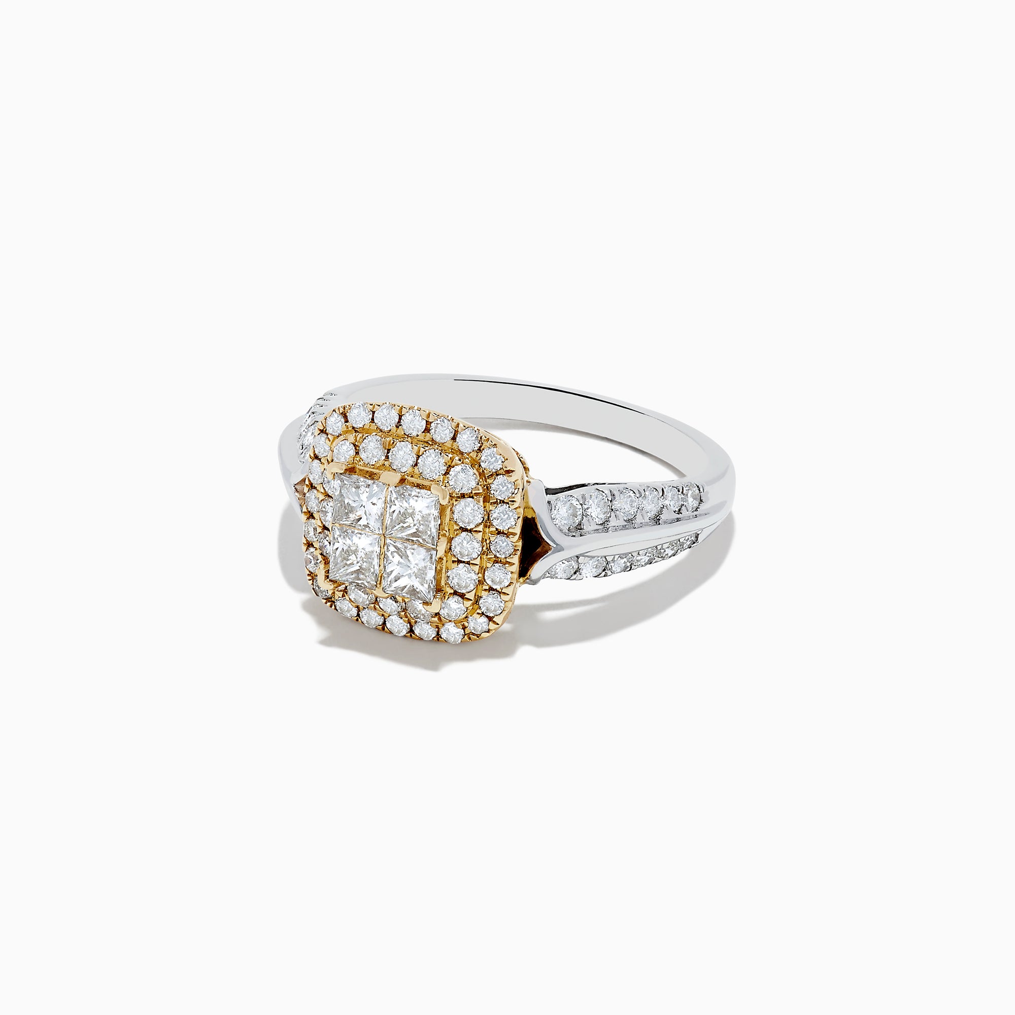 The 14K White and Yellow Gold Diamond Ring, 1.25 TCW, showcases a rectangular diamond cluster framed by gold-accented stones and extra diamonds along a split shank band in elegant two-tone gold.