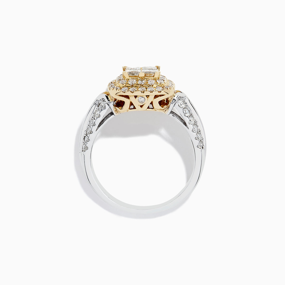 The 14K White and Yellow Gold Diamond Ring, 1.25 TCW, showcases a rectangular diamond cluster framed by gold-accented stones and extra diamonds along a split shank band in elegant two-tone gold.