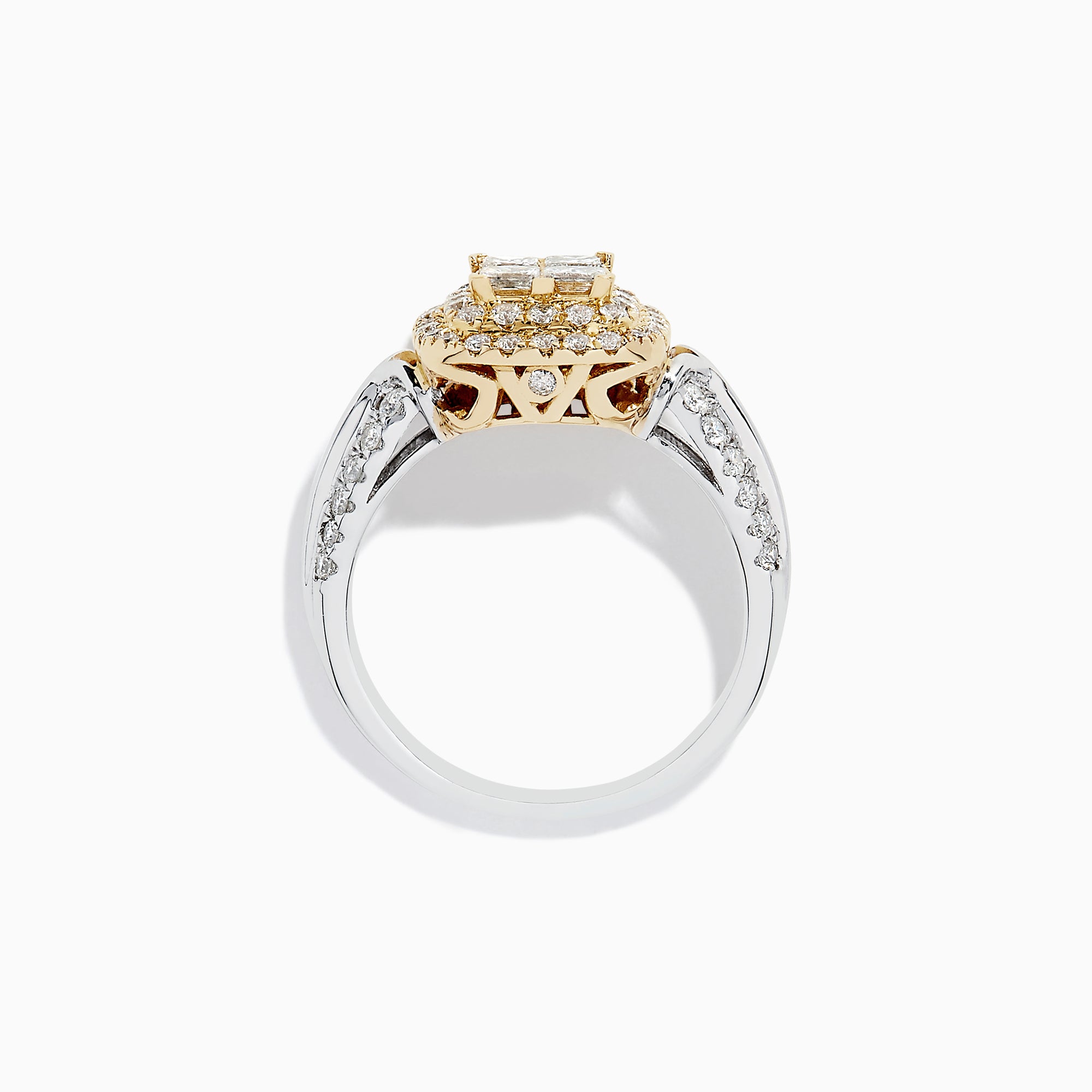 The 14K White and Yellow Gold Diamond Ring, 1.25 TCW, showcases a rectangular diamond cluster framed by gold-accented stones and extra diamonds along a split shank band in elegant two-tone gold.