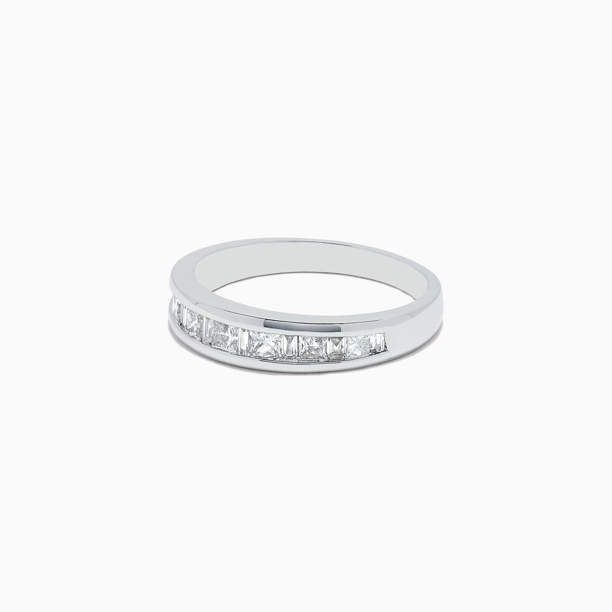 The 14K White Gold Channel Set Diamond Band, 0.50 TCW, features channel-set square-cut diamonds in a sleek white gold band, shown against a white background.