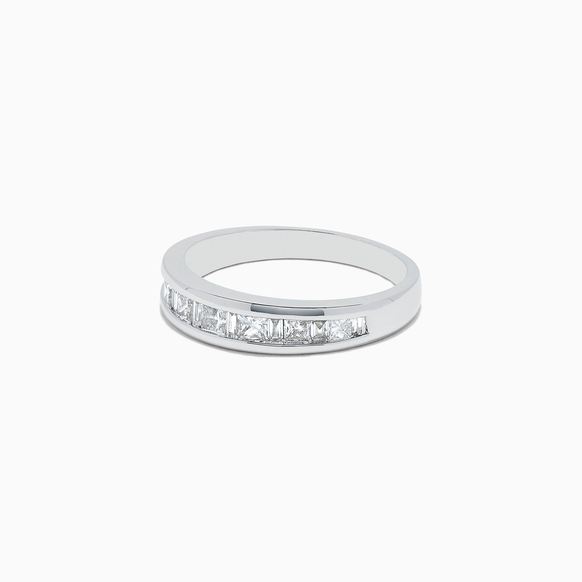 The 14K White Gold Channel Set Diamond Band, 0.50 TCW, features channel-set square-cut diamonds in a sleek white gold band, shown against a white background.