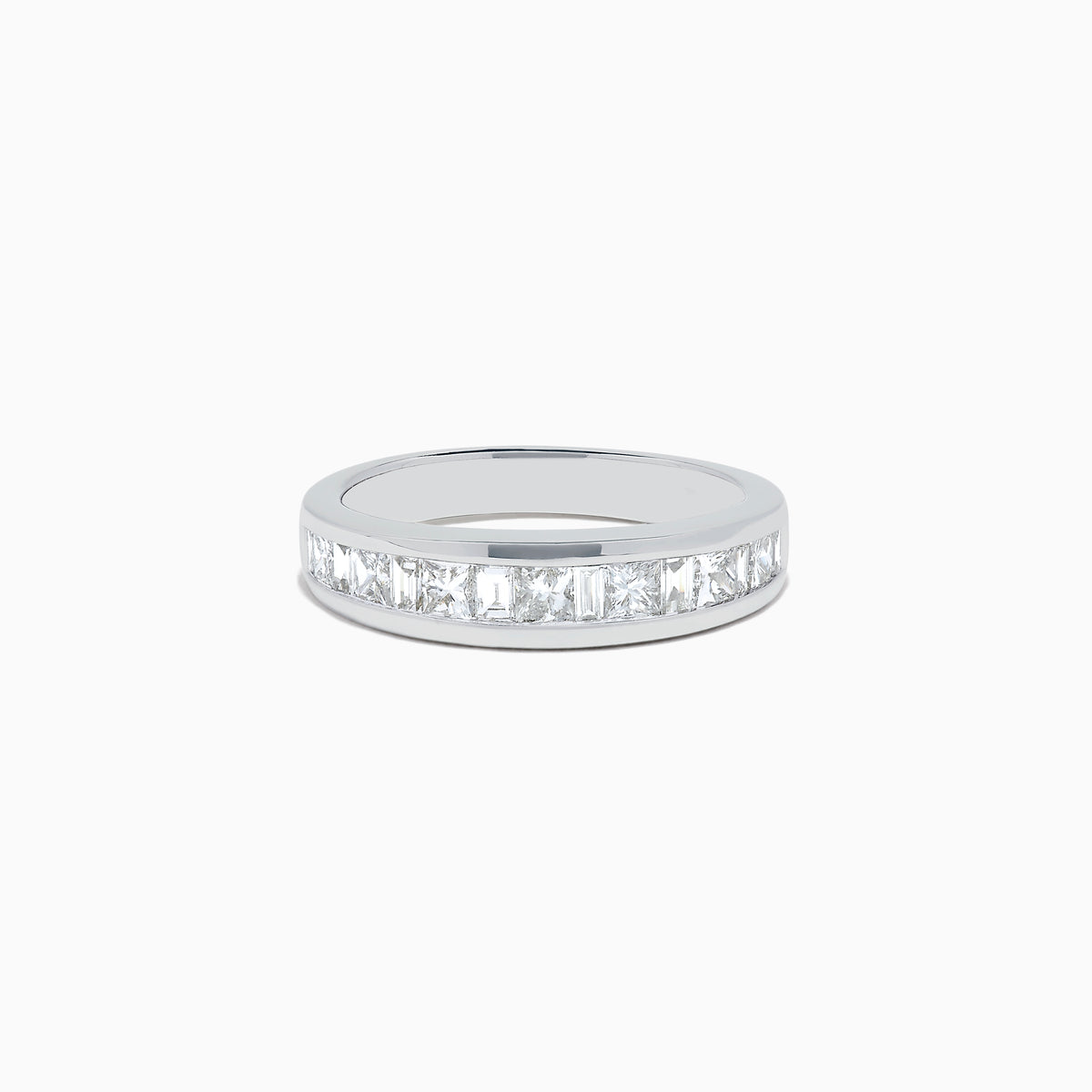 The 14K White Gold Channel Set Diamond Band, 1.00 TCW, showcases a row of square-cut diamonds elegantly set in white gold and presented on a plain white background.