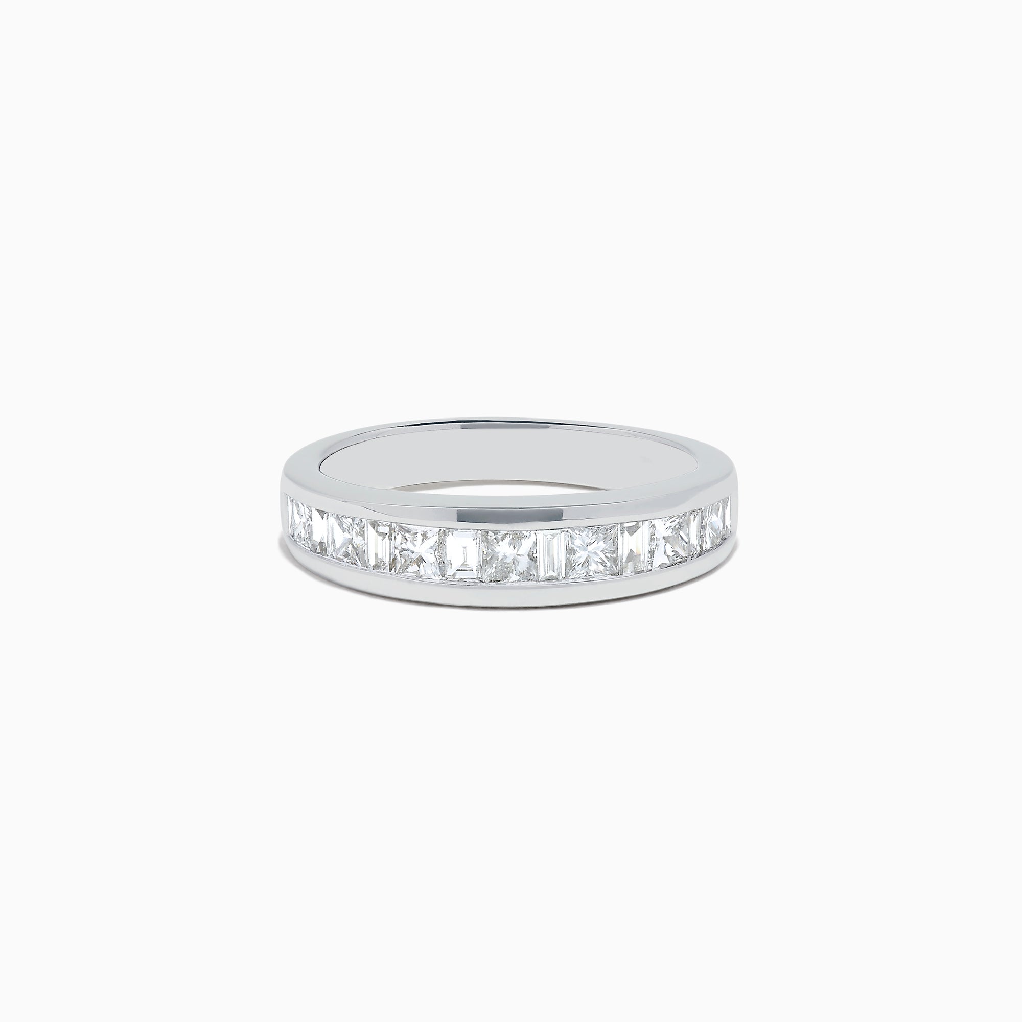 The 14K White Gold Channel Set Diamond Band, 1.00 TCW, showcases a row of square-cut diamonds elegantly set in white gold and presented on a plain white background.