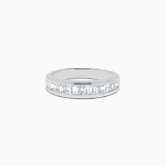 The 14K White Gold Channel Set Diamond Band, 1.00 TCW, showcases a row of square-cut diamonds elegantly set in white gold and presented on a plain white background.
